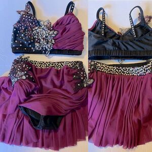 Glamour solo dance costume custom 2 piece burgundy rhinestone skirt top MC